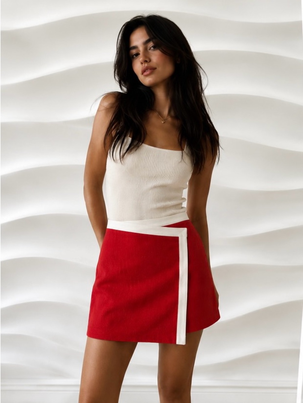 Bagatelle Collection Linen Blend Wrap Skirt Red & White Size Small NWT